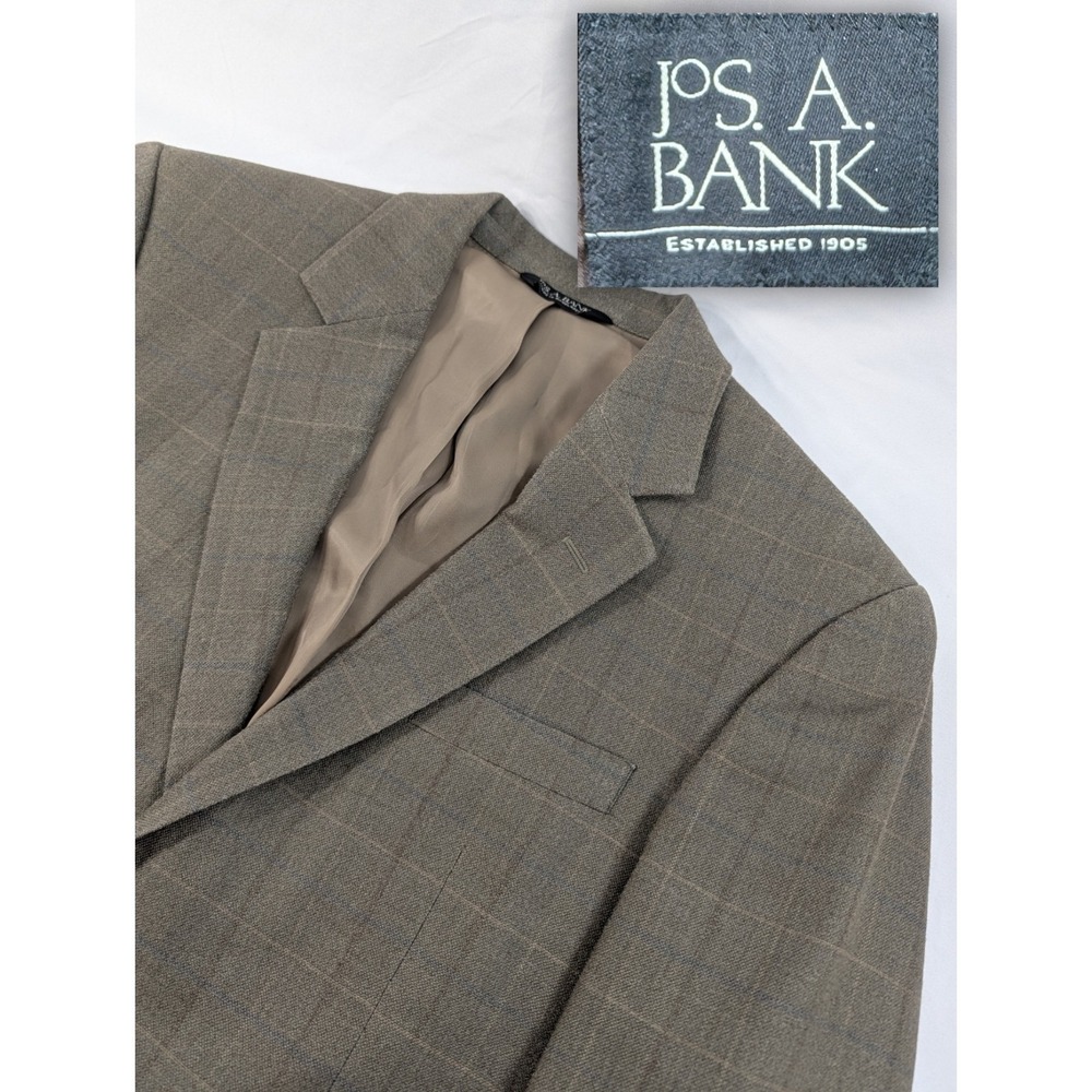 Jos Bank Blazer Coat Sport Suit Jacket Silk Wool Window Pane Subtle Blue 40R 44"